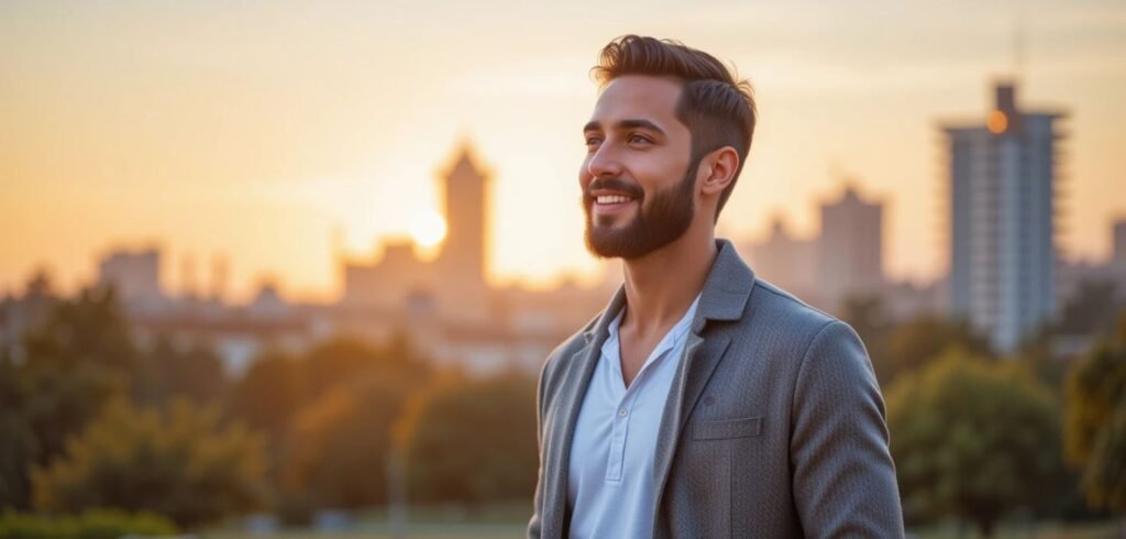  صورة لرجل مغربي أنيق يقف بثقة في الهواء الطلق، ترمز إلى أهمية بناء الثقة بالنفس كبديل إيجابي وصحي للتركيز على طرق تكبير القضيب.
