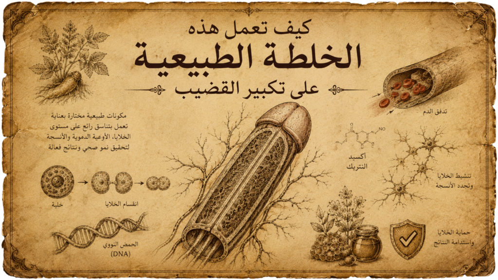 رسم طبي تشريحي يوضح تاثير خلطة تكبير القضيب على الخلايا والأوعية الدموية والنمو الخلوي