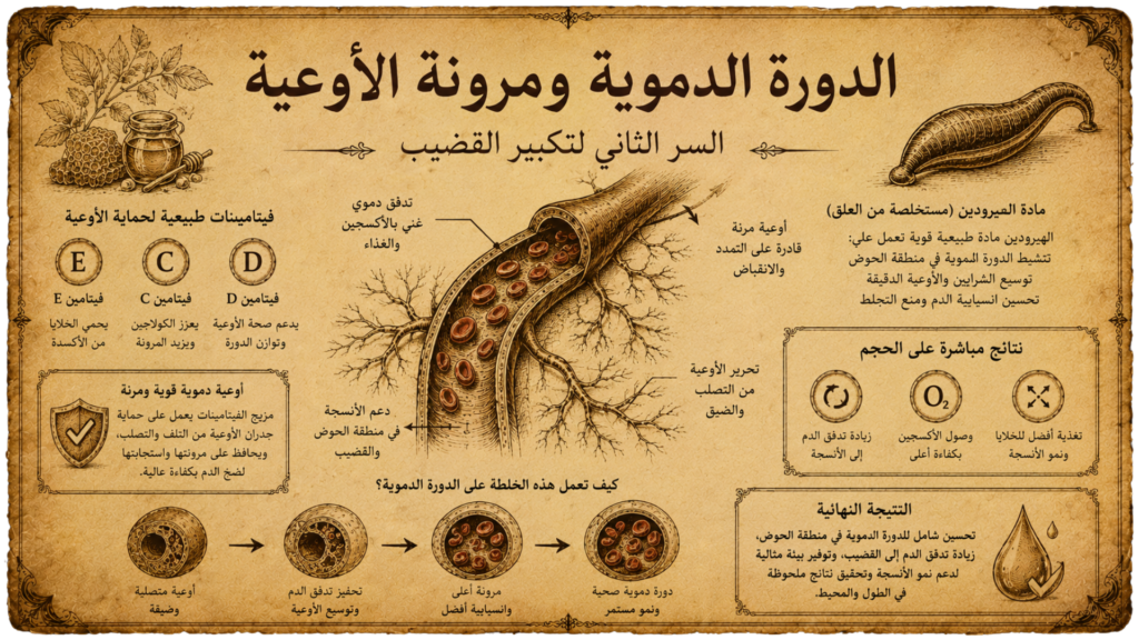 رسم طبي للأوعية الدموية يوضح تاثير خلطة تكبير القضيب على تدفق الدم ومرونة الشرايين