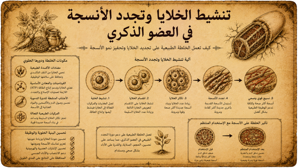 رسم بيولوجي يوضح تاثير خلطة تكبير القضيب على تنشيط الخلايا وتجدد أنسجة العضو الذكري