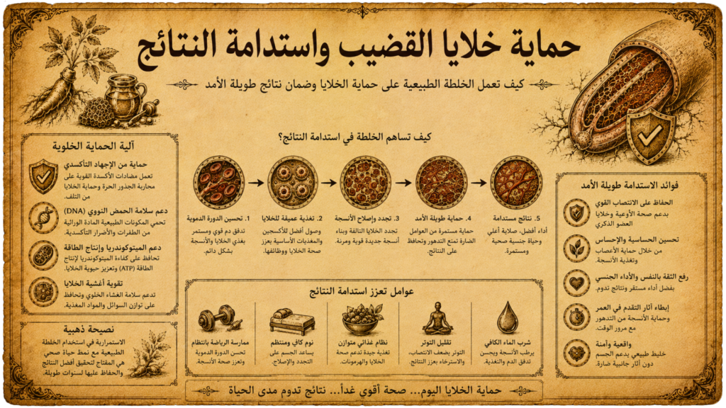 رسم تشريحي يوضح تاثير خلطة تكبير القضيب على حماية خلايا القضيب ودعم استدامة النتائج